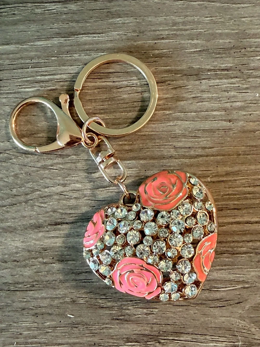 Heart Crystal Keychain with Pink Rose Accents